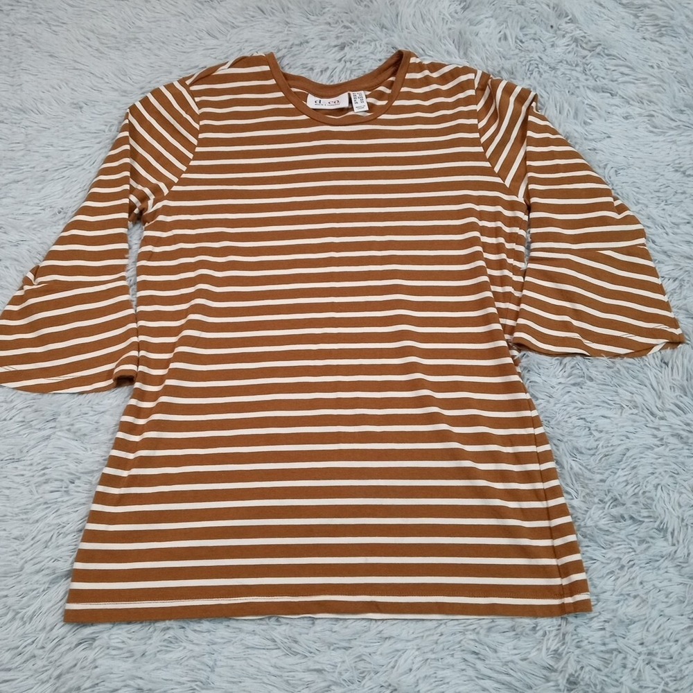 D & Co Shirt Womens Top Brown XXS Bell Sleeve Stripes Crew Neck Stretch